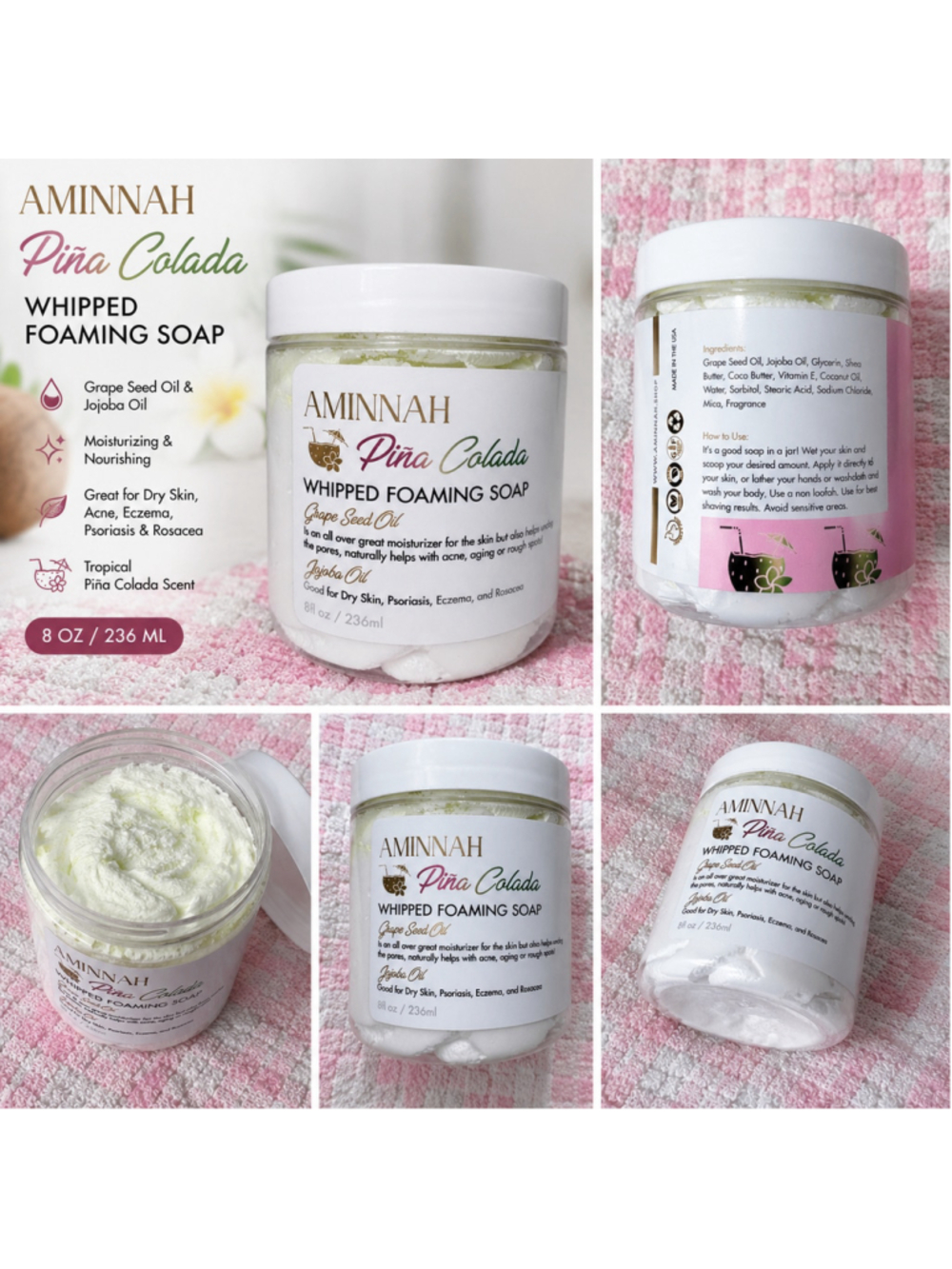 AMINNAH Piña Colada Whipped Foaming Soap 8 oz Moisturizing Body Wash